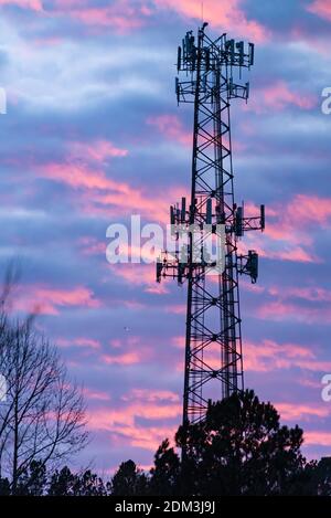 Handy-Tower vor einem bunten Sonnenuntergang Himmel in der Nähe von Atlanta, Georgia silhouetted. (USA) Stockfoto
