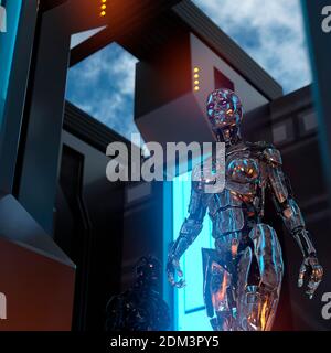 Zwei metallische Cyborgs in einem futuristischen Raum - 3d-Rendering Stockfoto