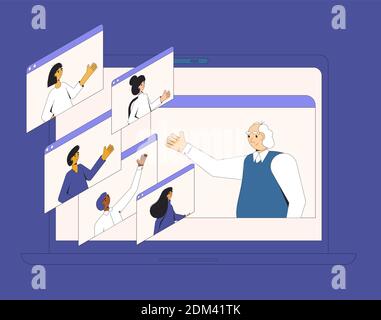 Videokonferenz. Online-Meeting. Digitale Kommunikation. Menschen, die miteinander auf dem Computerbildschirm sprechen. Älterer Mann unterhalten sich mit jungen Menschen Stock Vektor