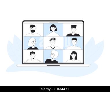 Videokonferenz. Online-Meeting. Digitale Kommunikation. Menschen, die miteinander auf dem Laptop-Bildschirm sprechen. Computer mit Video-Chat. Remote-Teamarbeit Stock Vektor