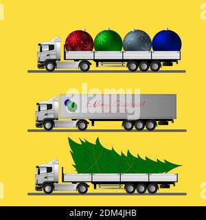 Varianten von europäischen Lkw mit Sattelaufliegern für den Transport von Neujahrsgütern und Dekorationen Blank für Designer. Stock Vektor
