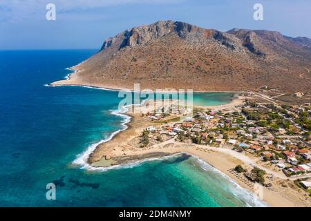 Aerial view of Pachia Ammos Beach and Stavros Beach with Zorba’s Mountain in background, Crete, Greece Stock Photo
