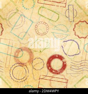 Viele Retro-Post- und Bordmarken, grunge-Stempel im alten Stil, nahtloses Muster auf altem gelbem Strukturpapier Stock Vektor