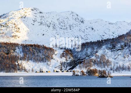 Nachmittags Sonnenstrahlen über dem Dorf Isola, Plan Grand am Sils See, St. Moritz in der Wintersaison Stockfoto