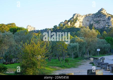 SAINT-REMY DE PROVENCE, FRANKREICH -12 NOV 2019- Ruinen der römischen Ausgrabungsstätte Glanum in der Region Alpilles, Frankreich. Stockfoto