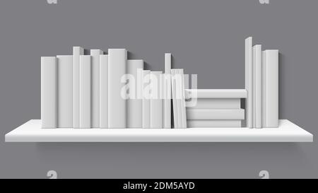 Realistische Bücher im Bücherregal. Bücherregal, Bücherregal, leere Bücher stehen in Reihe. Vektorgrafik für leere Buchmockups Stock Vektor