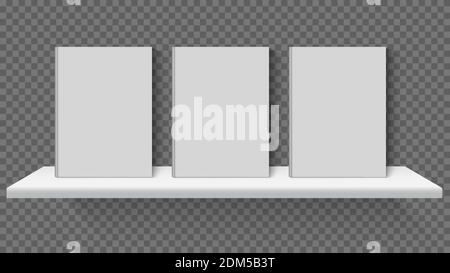 Realistisches Bücherregal-Modell. Weiße 3d-Bücher stehen auf Regalen, Buchhandlung, Bibliothek oder Schule Bücherregal. Bücher auf Bücherregal Vektor-Illustration Stock Vektor