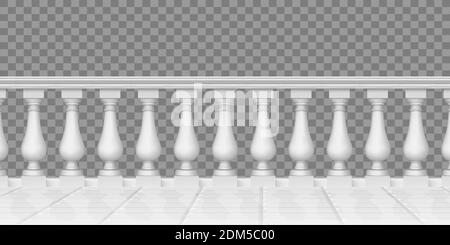 Realistische Balustrade. Marmorbalustrade, Terrasse, Veranda oder Balkongeländer, Zaunabschnitte mit Balustern. Stein Handlauf Vektor Illustration Set Stock Vektor