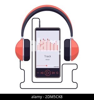 Smartphone mit Headset. Kopfhörer und Smartphone-Audio-Player, Stereo-Sound-Player für mobile Musik. Vektorgrafik für Audiogeräte Stock Vektor