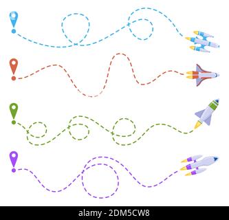 Route der Raketenlinie. Raumfahrt gestrichelte Linie Spur, Raumschiff Routen, fliegende Shuttle. Luft- und Raumfahrt Raketen gepunktete Linie Route Vektor Illustration Stock Vektor