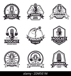 Podcast-Embleme. Radiosender, Audio-Podcast und Musik-Studio-Labels, Retro-Mikrofon Podcast Luft. Radio Podcast Vektor Illustration Set Stock Vektor