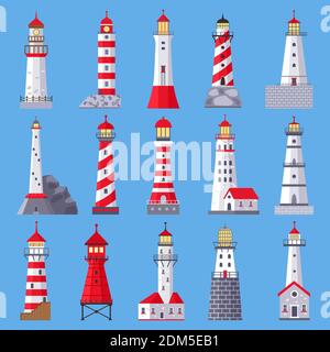 Architektonischer Leuchtturm. Seefeuer mit Suchscheinwerfer, Schifffahrtsmasten. Beacon Gebäude, Leuchtturm Turm Vektor Illustration Set Stock Vektor