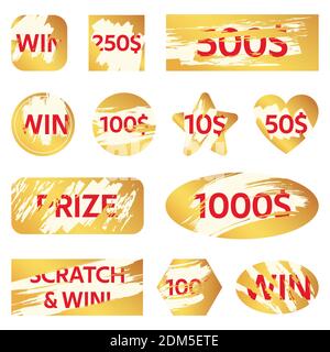 Lotteriekarte kratzen. Lotterie-Gewinn-Ticket, goldene Rubbelkarten für Lotteriespiel. Gewinnspielkarte deckt Vektor-Illustration-Set Stock Vektor