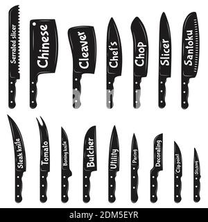 Chef Stahlmesser. Küche Fleisch schneiden Messer, Ausbeinung, Cleaver, Metzger, Filetieren, Fleisch Messer Silhouetten. Metzgerei Werkzeuge Vektor-Illustrationen Stock Vektor