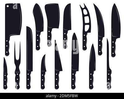 Fleischmesser. Fleischerladen Fleischmesser, Ausbeinung, Spaltmesser, Filettieren und Messer hacken. Vintage Schneiden Fleisch Messer Silhouetten Vektor Illustration Set Stock Vektor