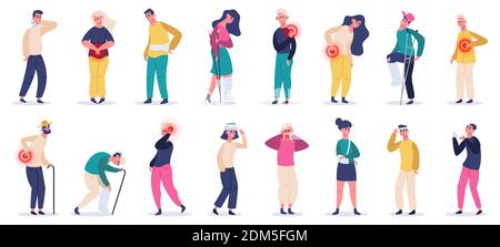 Verletzte Personen. Erwachsene Charaktere leiden an Schmerzen, Verletzungen und Schmerzen, Frakturen und Kopfverletzungen. Vektorgrafik für kranke Menschen Stock Vektor