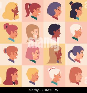 Weibliche Profilflächen. Frauen Portraits, verschiedene Nationalität, Brünette, Blondine, Rotschopf weibliche Charaktere. Mädchen Avatare Vektor Illustration Set Stock Vektor