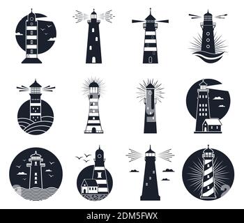 Leuchtturmetiketten. Vintage Leuchtfeuer Gebäude Embleme, marine Navigation Leuchtturm Silhouetten. Beacon Towers Beschriftungen Vektordarstellung Satz Stock Vektor
