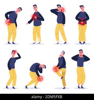 Männlicher Charakter in Schmerzen. Der Mensch leidet unter Schmerzen, Kopfschmerzen, Rückenschmerzen und Magenschmerzen. Schmerzhafte Schmerzen Zonen Vektor-Illustration gesetzt Stock Vektor