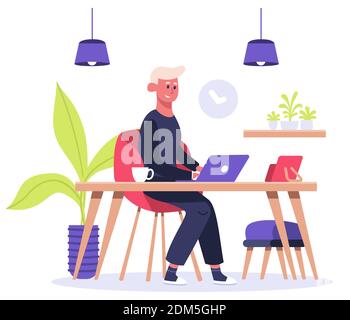 Freiberuflicher Mitarbeiter. Mann arbeitet auf Laptop zu Hause, männlich freiberuflichen Charakter, bequem Home Office Arbeitsplatz. Arbeiten von zu Hause aus Vektorgrafik Stock Vektor
