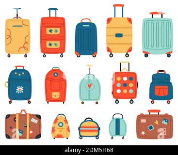Gepäcktaschen. Reisegepäck, Kunststoff, Metall oder Textil Tourismus Koffer mit Rädern. Vektorgrafik Reisegepäck Stock Vektor