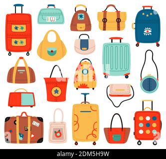 Reisetaschen. Griff Reisegepäck Tasche, Koffer und Mode Damen Handtaschen, Tourismus-Einkaufstasche. Gepäck Handtaschen Vektor Illustration Set Stock Vektor