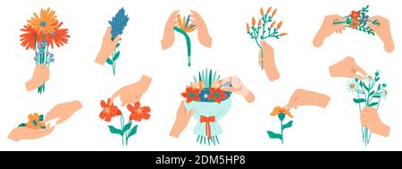 Hände halten Blumen. Blühendes Bouquet in weiblichen Händen, Bündel blühender Blumen. Blumen handgezeichnete Elemente Vektor Illustration Set Stock Vektor