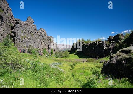 Ein Abschnitt des Rifttals im Thingvellir Nationalpark, Island. Besucher und Touristen können zu Fuß entlang eines Weges durch die Basaltfelsen gesehen werden. Stockfoto