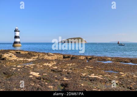 Trwyn Du Leuchtturm, Puffin Island, Wales, Vereinigtes Königreich Stockfoto