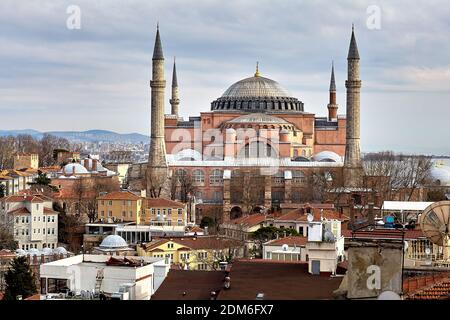 Istanbul, Turkey - February 14, 2020: Sancta Sophia Church or Hagia Sophia Grand Mosque, in 2020 it reopened as mosque, view from Alemdar residential Stock Photo