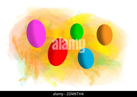 Bunte stilisierte ostereier in einem abstrakten gelb und grün Pastell Aquarell Splash Wolke isoliert auf weißem Hintergrund. Computergeneriertes Bild. Stockfoto