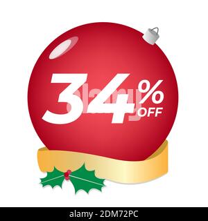 34 % Rabatt. 34 % Rabatt. Weihnachtsangebot Banner. Rote Blase mit Ornamenten auf einem weißen Hintergrund Vektor. Stock Vektor