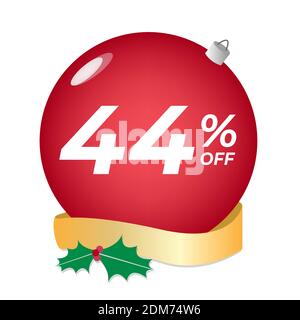 44 % Rabatt. Vierundvierzig Prozent Rabatt. Weihnachtsangebot Banner. Rote Kugel Ornament auf einem weißen Hintergrund Vektor. Stock Vektor