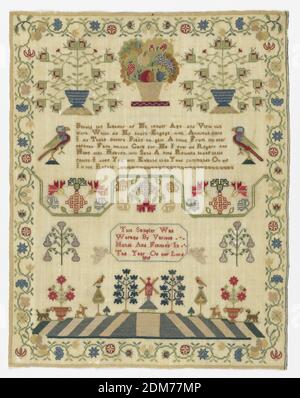 Sampler, Medium: Seidenstickerei auf Wollgrundierung Technik: Gestickt in Kreuz, Satin, Öse und laufende Stiche auf Leinwandfundament, EIN Sampler von isolierten Motiven und Texten innerhalb einer geschwungenen floralen Bordüre. Das Wollgrundtuch ist sehr fein, und die Stickerei von Wort zu Wort zeigt sich von der anderen Seite durch. Der Text lautet: 'Seht die Arbeit meines zarten Zeitalters und seht dieses Werk, das Meine Stunden mit ängstlicher Fürsorge verrichten konnte.Ich tat jene Farben, um ein Lächeln von meinen lieben Eltern zu gewinnen, deren Fürsorge ich je betrachte und hoffe, dass der Himmel eine freundliche Belohnung senden wird Stockfoto