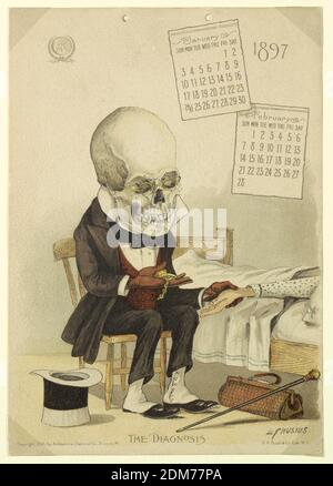 Der Antikamnia-Kalender, Januar und Februar, 1897: Die Diagnose, Louis Crusius, Amerikaner, 1862 - 1898, Louis Crusius, Amerikaner, 1862 - 1898, Chromolithographie auf Papier mit Schnur-Einband, Januar und Februar, 1897., New York, New York, USA, 1896, Grafikdesign, Kalender, Kalender Stockfoto