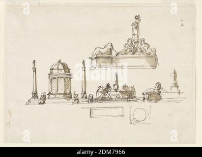 Design for a Table Centerpiece, Giuseppe Barberi, italienisch, 1746–1809, Feder und braune Tusche, Pinsel und braune Wäsche auf liniertem, cremefarbenem Papier, 'resser', Tischmittelstück für die Familie Altieri., Rom, Italien, 1790-1795, Metallarbeiten, Zeichnung Stockfoto