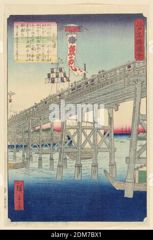 Festival on a Bridge, Ando Hiroshige, japanisch, 1797–1858, Holzblock-Druck in farbiger Tinte auf Papier, Diese detaillierte Ansicht vom Fuß der Brücke hebt die Zeichen eines Festivals hervor. Entlang der gebogenen Geländer sind kleine Köpfe entlang der Brücke. Unten links ist das Heck eines Bootes zu sehen. Andere Schiffe nähern sich der Brücke mit einem vollen Mast., Japan, 1797-1858, Landschaften, Drucken Stockfoto