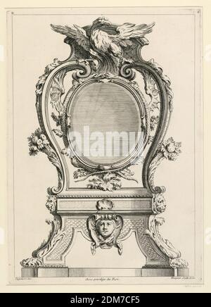 Seite vier aus 'Second Licre contenant differens Desseins de Pendules Inventés par G. M. Oppenort Architecte du ROI et Gravés par Huquier', Gilles-Marie Oppenord, französisch, 1672–1742, Gabriel Huquier, französisch, 1695–1772, Radierung auf Papier, Entwurf für eine Tischuhr. Die ovale Uhr wird von zwei Voluten aufrecht auf einem kleinen Sockel mit vier Beinen gehalten. Gekrönt mit einem Adler. Beschriftet, oben links: 'B'; oben rechts: '4'; unten links: 'Oppenort Inv.'; unten rechts: 'Huquier sculp. Et ex'; Mitte: 'Avec Privilege du ROI'., Frankreich, nach 1751, Druck Stockfoto