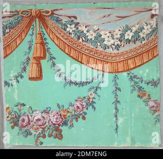 Frieze, Block gedruckt auf handgefertigtem Papier, Lavendel Seide Satin drapiert Swag gefangen mit tasseled orange Kordel. Blumenfestoons unten. Green Ground., Frankreich, 1815–20, Wallcoverings, Frieze Stockfoto