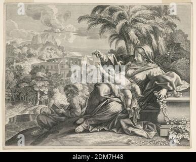 Heilige Familie, Guillaume Château, Französisch, 1635 - 1683, Pietro da Cortona, Italienisch, 1596 – 1669, Gravur auf Papier, in einer bergigen Waldlandschaft, mit klassischen Gebäuden im Hintergrund sitzen die Jungfrau mit dem Kind auf ihrem Schoß, die nach einer von der Mutter hochgehaltenen Feige greift. Links sitzt Joseph gegen eine Banklesung., Paris, Frankreich, ca. 1650-1670, Drucken Stockfoto
