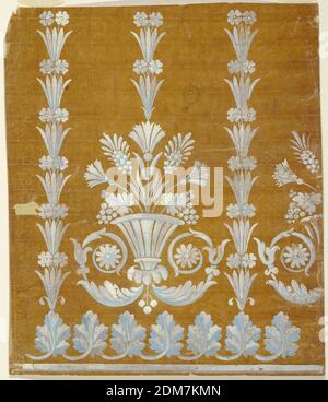 Entwurf für einen gewebten Horizontalen Rand der 'Fabrique de St. Ruf', Fabrique de Saint Ruf, Lyon, Frankreich, Pinsel und hellblaue und weiße Gouache auf glasierten Pauspapier, EINE Zierleiste und ein Wappen Rand von Blättern gebildet sind am Boden. Pflanze caldelabra sind von jedem fünften Blatt zu steigen. Körbe mit je einer Pflanze sollen in den Intervallen auf einer spitalunterlage stehen., Frankreich, 1805-1815, Zeichnung Stockfoto