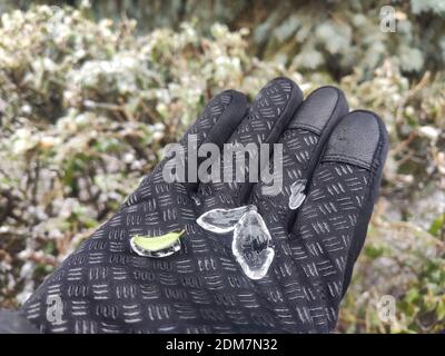 Eisstücke, Blätter Maske bilden gefrorenes Eis auf der Hand in schwarz Handschuh Nahaufnahme. Ungewöhnlich frostigen kalten Winterwetter Bedingungen in der Stadt Straße Stockfoto