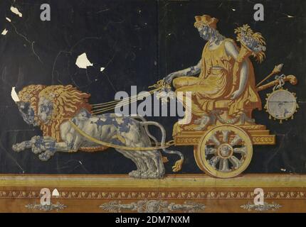 Overdoor, Block bedruckt auf handgeschöpftem Papier, Overdoor Panel, Design von Cybele sitzend in einem von zwei Löwen gezeichneten Wagen; mit Rahmen, der griechische Formen darstellt., Frankreich, 1805, Wandverkleidungen, Overdoor Stockfoto