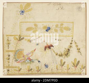 Design for Embroidery, Gentleman's Weste Pocket, Mademoiselle Calva, Französisch, aktiv Ende des 18. Jahrhunderts, Pinsel und Gouache, Stift und braune Tinte, Graphit auf cremefarbenem Papier, Design für die Stickerei des linken unteren Teils einer Männerweste oder Weste mit Tasche. Das Design zeigt zwei fantastische Pfauen, die nach Insekten, Pflanzen und Festunen preschen. Blaue Blüten und gelbe Blätter schmücken die rechteckige Taschenklappe, und ein Zweig mit blauen Blüten und gelben Blättern erhebt sich über und links von der Klappe. Design mit Knopflöchern auf der linken Seite. Verso: Fünf gelbe Vögel Stockfoto