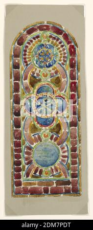 Alternatives Design for Memorial Window, Beecher Memorial Church, Brooklyn, NY, Alice Cordelia Morse, American, 1863–1961, Pinsel und Aquarell, Graphit auf weißem Wove-Papier, auf Pappe montiert, Fensterdekoration mit blauen Lappen und Chi-Rho-Symbol, bräunliche Bögen und Kreise in vertikalem Muster; Abgerundete Oberseite mit konzentrischen Kreisen und Rand., 1889–90, Architektur, Innenräume, Zeichnung Stockfoto