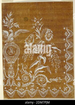 Entwurf für einen gewebten Horizontalen Rand der 'Fabrique de St. Ruf', unvollendet, Fabrique de Saint Ruf, Lyon, Frankreich, Pinsel und weiße Gouache auf glasierten Pauspapier auf Papier geklebt, der rechte Teil ist abgebildet. Ein Adler mit Lorbeerbücken steht auf einem kreisförmigen Medaillon mit dem Monogramm J[osephine] N[apoleon]. Der von einem Schacht über der Mitte der Rinzeaux getragen wird, aus dem eine fantastische Pflanze entspringt. Unten und rechts von einer gewellten Linie umrahmt. Über jeder Wellentoppe ist ein Stern zu sehen, in den Mulden ist ein Kelch über einem Spitzenpaneel und eine Biene., Frankreich, 1805–1810, Zeichnung Stockfoto