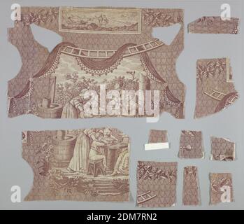 Fragment, Medium: Baumwolle Technik: Auf Leinwandbindung gedruckt, Fragment von zwei Stücken zeigt Frauen und Kinder an einem Tisch sitzen. Oben ist eine rechteckige Tafel, die eine Hafenszene eines Mannes zeigt, der ein kleines Boot rudert, mit einer Box mit den Initialen 'D M.' Ein Paar steht zusammen im Gespräch am Ufer., Frankreich, ca. 1811, bedruckte, gefärbte & bemalte Textilien, Fragment Stockfoto