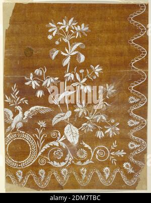 Entwurf für einen gewebten Horizontalen Rand der 'Fabrique de St. Ruf', Fabrique de Saint Ruf, Lyon, Frankreich, Pinsel und weiße Gouache, Graphit auf Papier, etwas mehr als die rechte Hälfte ist abgebildet. Ein Adler, ähnlich wie -102, steht auf dem Medaillon, das das Monogramm nicht zeigt. Rinceaux beginnt von seinem Boden; Pflanzen steigen aus den Rinceaux. Gerahmte Rahmung unten und rechts, zeigt einen Pfauenfederablass in jeder Mulde., Frankreich, 1805–1810, Zeichnung Stockfoto