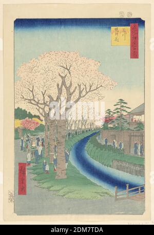 Cherry Blossom Viewing, Ando Hiroshige, japanisch, 1797–1858, Holzschnitt in farbiger Tinte auf Papier, Diese Szene zeigt Menschen, die unter den blühenden Kirschbäumen sitzen und spazieren, das Leben betrachten und die Wunder der Natur genießen. Noch heute gibt es Reihen brillanter Bäume, die überall auf der Welt zu finden sind. Der Einfluss der japanischen Ästhetik hat wellende Effekte, die dem Durchschnittsmenschen vielleicht unbekannt sind., Japan, 1797-1858, Landschaften, Drucken Stockfoto