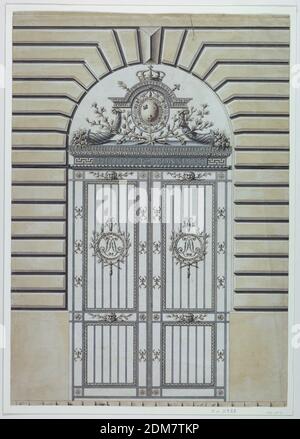 Iron Gates of the Mint, Paris, Jacques-Denis Antoine, French, 1773–1801, Pen und schwarze Tinte, Pinsel und blau, braun, grau waschen, mit schwarzen Kreidezeichen auf Papier mit aufgehängtem Blatt, das Tor in einer rusticated Wand gesetzt. Das Tor selbst besteht aus zwei Flügeln mit jeweils zwei vertikal ausgerichteten Paneelen. In der Mitte der oberen Tafeln befinden sich kreisförmige Medaillons mit dem königlichen Chiffre (Initialen), umgeben von zwei Lorbeerzweigen. Über entablature ist das geflügelte königliche Wappen zwischen zwei Füllhorn und unten von Lorbeerzweigen flankiert. Stockfoto